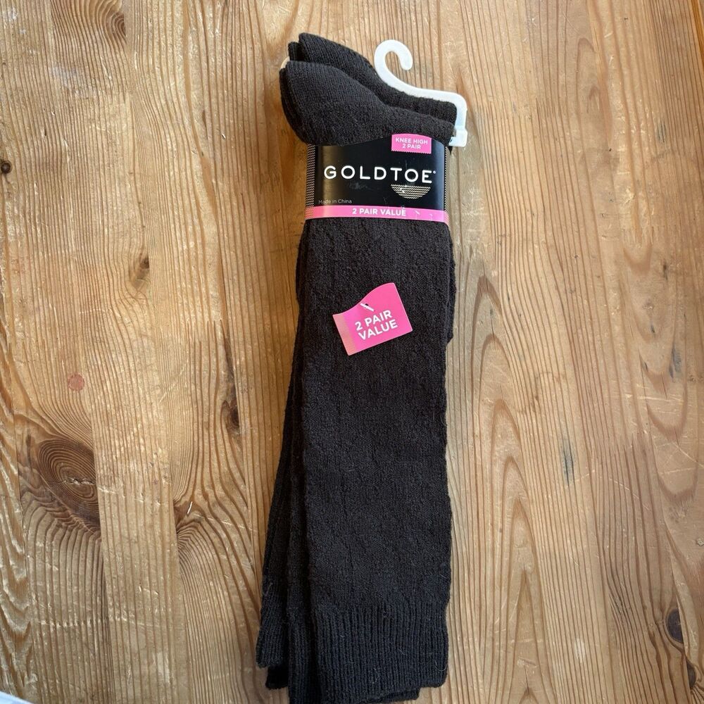 Goldtoe Knee High Boot Socks Cable Knit Brown New Old Stock 2 Pairs Women's 6-9
